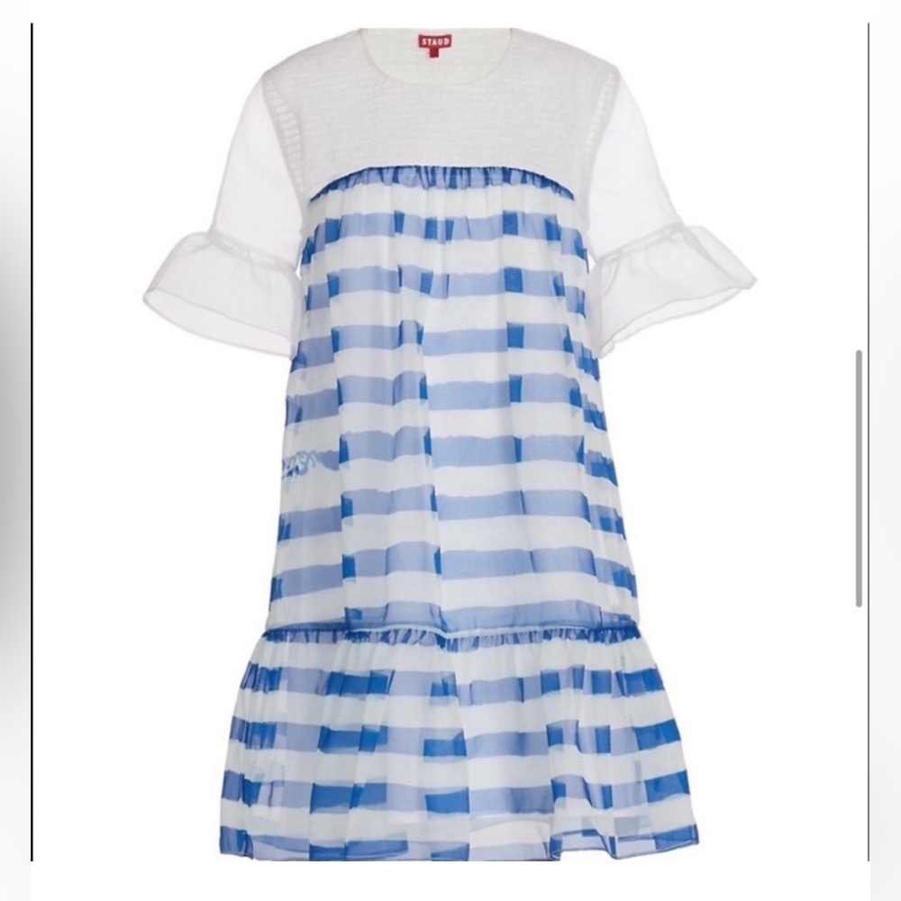 STAUD Blue and White Pleated Puff Sleeve Sundress